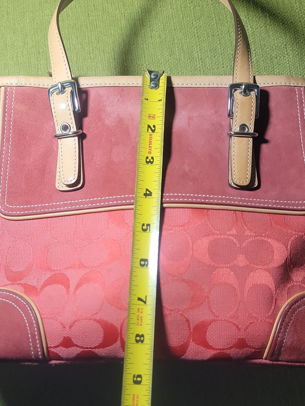 Coach Pink Signature Canvas Shoulder Tote with Beige Leather Trim